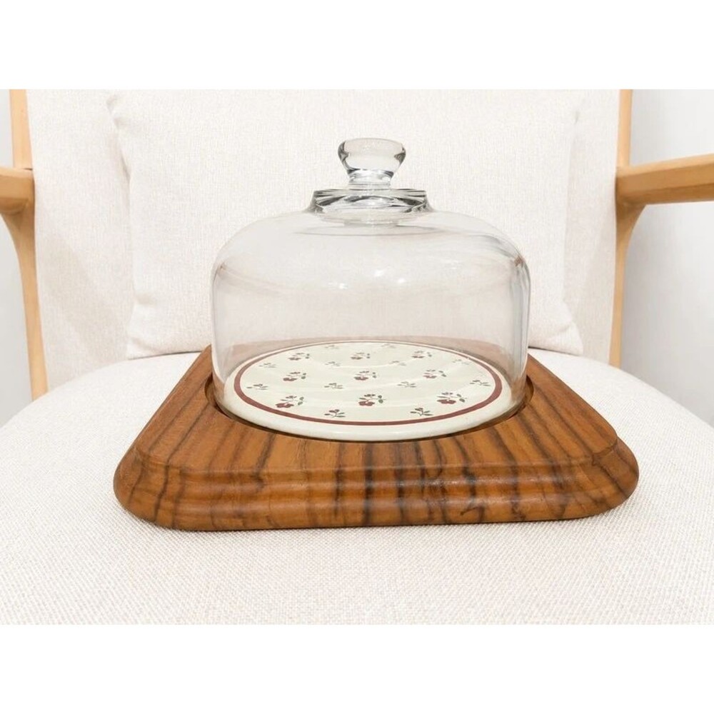 Vintage Goodwood Genuine Teakwood Cheese Tray with Glass Dome Floral Insert